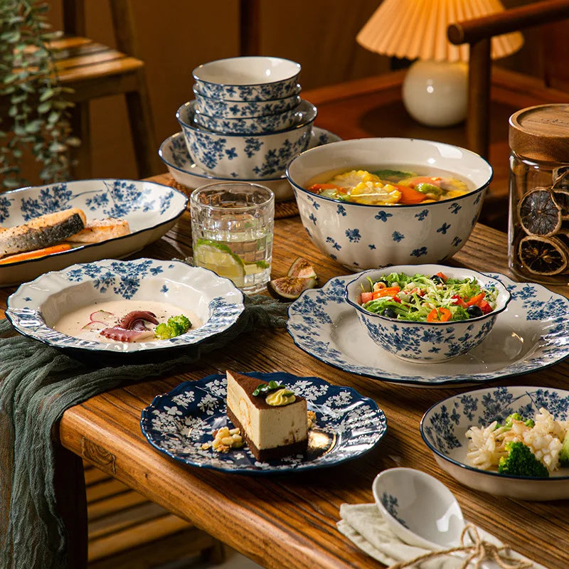High-end Ceramic Dinnerware Set Chinese Style Rice Bowls Plates Dishes Glaze Color Soup Bowls