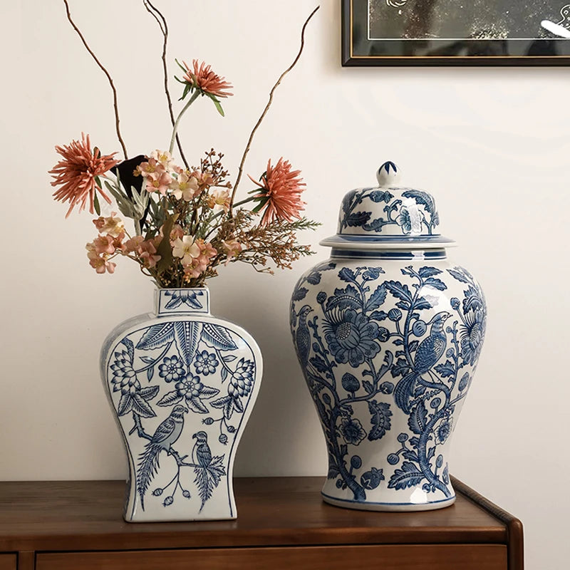 Chinese Blue-and-white Porcelain Vases Luxury Ceramic Ornaments Table Living Room Insert Flower Dryer Living Room Accessories
