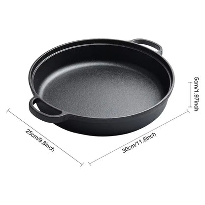 1PCS Cast Iron Skillet with Handle Round Flat Bottomed Frying Pan for Fried Steak Bread Pizza Outdoor Cooking Camping Supplies