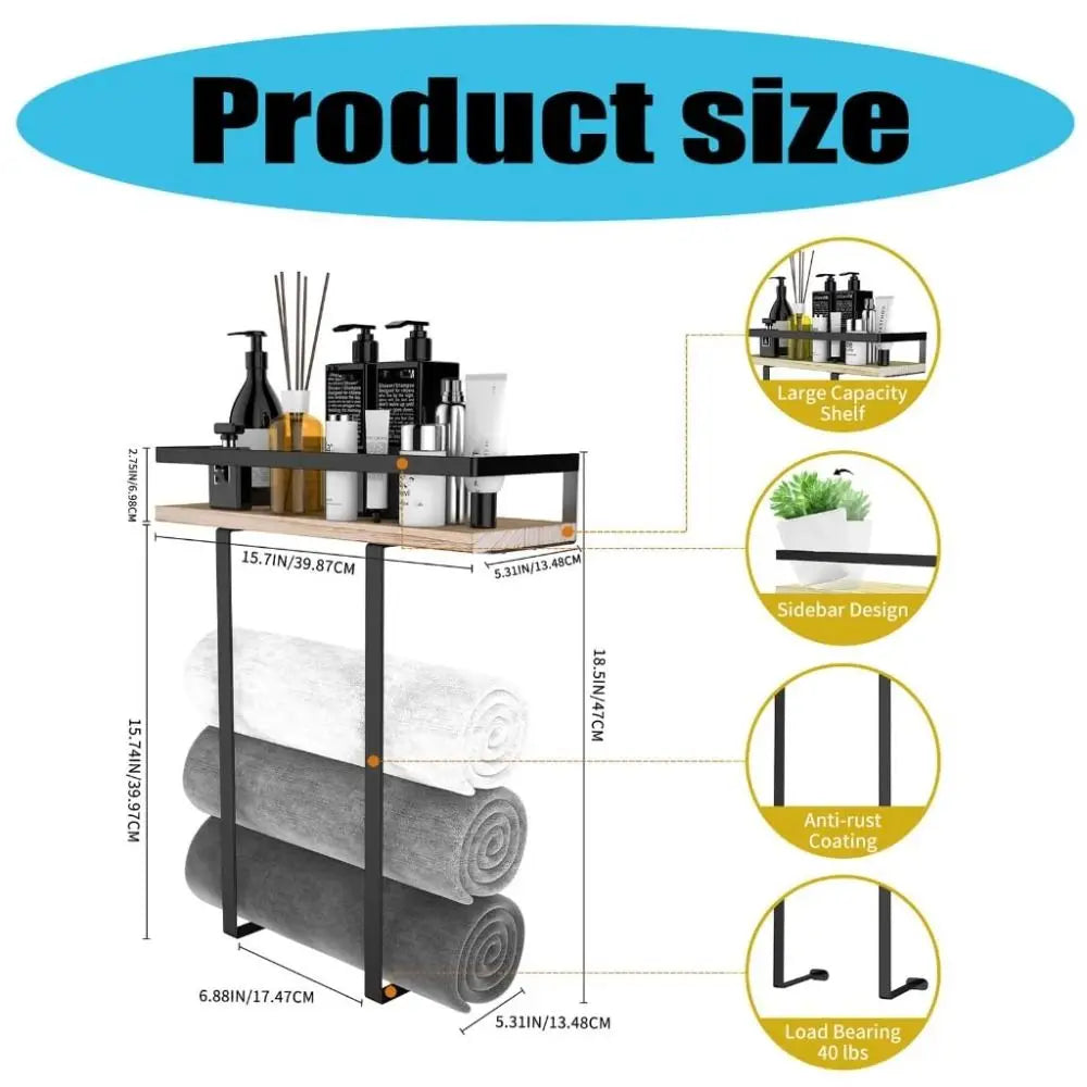 Wood and Iron Bathroom Shelf Rectangle Shape Space Saving Shower Shelf Rust Proof Large Capacity Storage Rack Bathroom Use