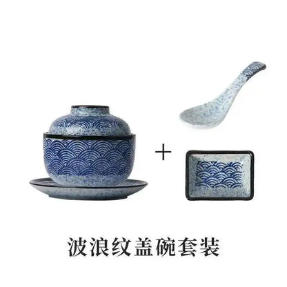 Wave Pattern Tableware Stew Bowl Ceramic Dessert Bowl With Cover Cup Spoon