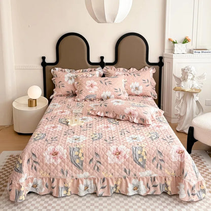 Bonenjoy Bedspread Quilted Bed Cover Ruffles Mattress Protector Thicken Bed Linen Printed Sheets colchas (Pillowcase Need Order)