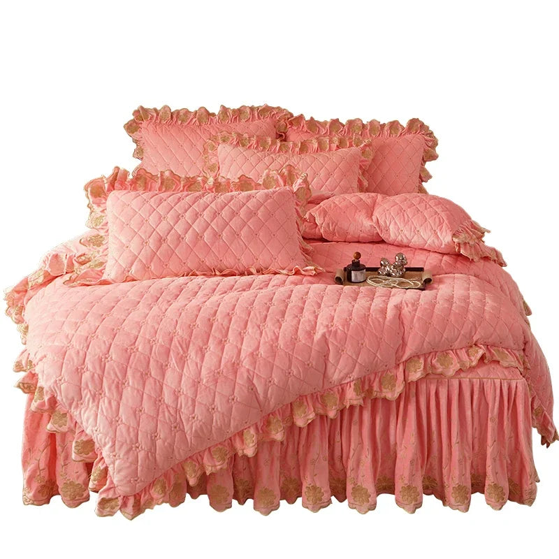 AI WINSURE-Luxury Embroidery Velvet Bedding Set, Quilted Skirted Bedspread with 2 Pillowcases, Queen Double Bed Duvet Cover, 4PC