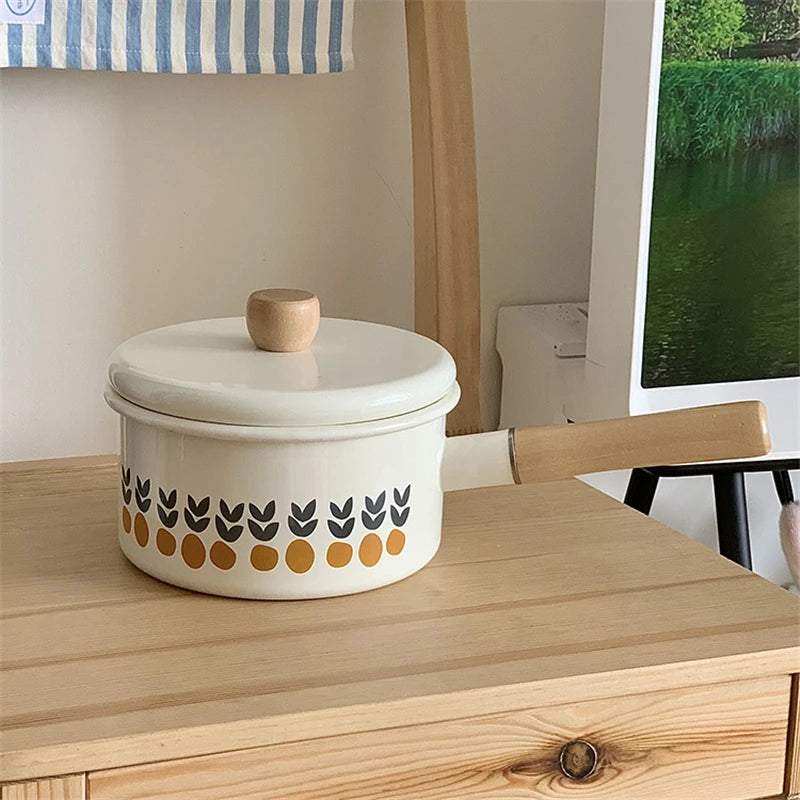 Enamel Milk Pan With Lid Vintage Pink Rose Kitchen Pots Offers Baby Food Pot Small Noodle Soup Pot Enamel Cookware Utensils