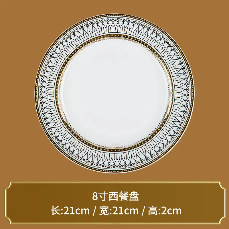 Creative Round Plaid Western Dinner Plate Exquisite Bone China Cooking Plate Modern Hotel Restaurant Tableware Kitchen Utensils