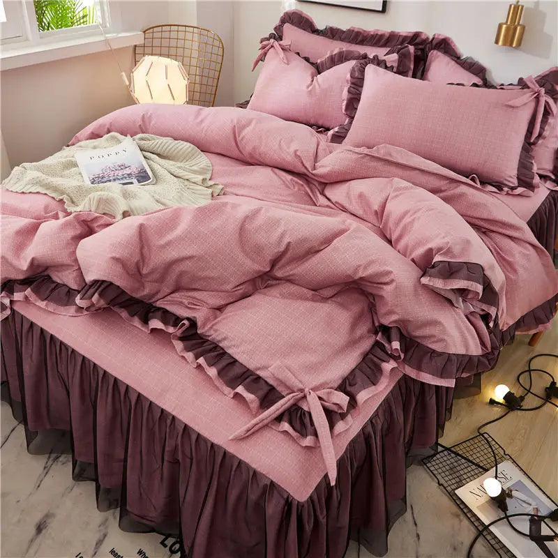Korean Bed Skirt Bedding Sets with Ruffled Edges Thickened Princess Brushed Quilt Kit Solid Skin-Friendly Breathable Bedclothes