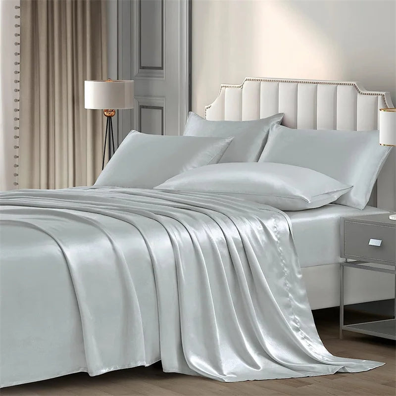 Mulberry Silk Bed Sheet Set with Fitted Sheet Flat Sheets Pillowcase Luxury Solid Color Bedding Sets Wrinkle-Free Antiallergic