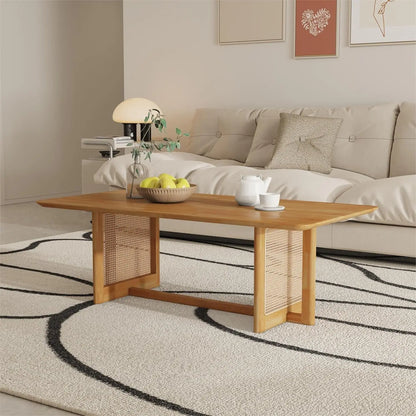 Solid Wooden Coffee , Modern Small Rattan Coffee Table with 2-Tier Storage Shelf, Rectangle Tea with Tempered Glass T