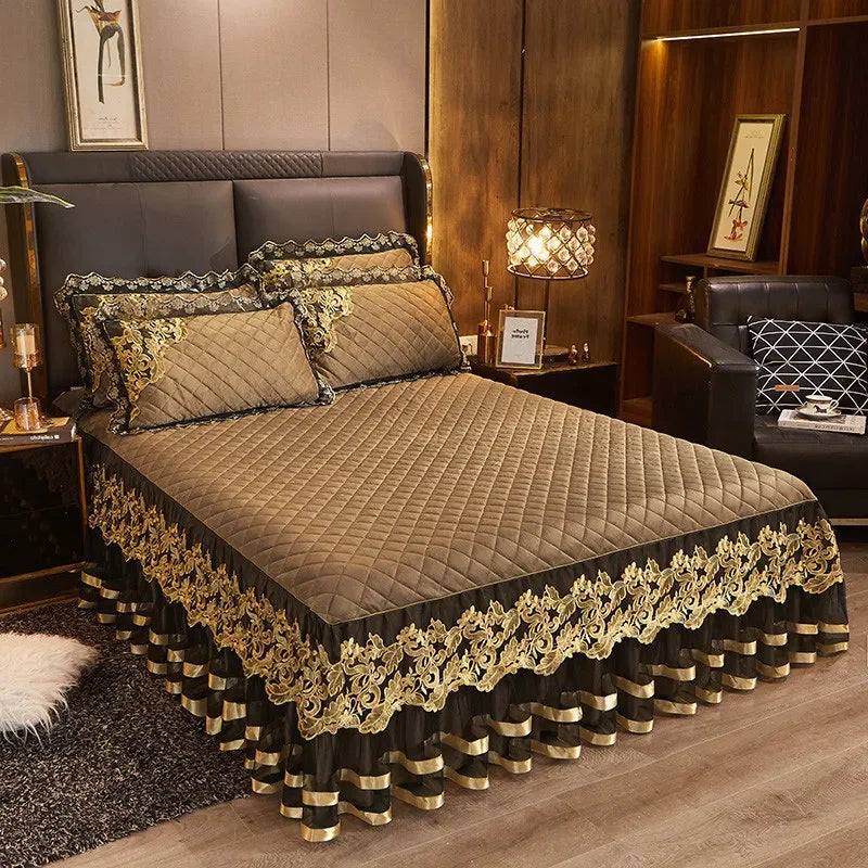 Gold Embroidery Velvet Quilted Thicken Bedspread Queen King Size Soft Warm Lace Ruffle Bed Skirt 2 Pillowcases 200x220 Green