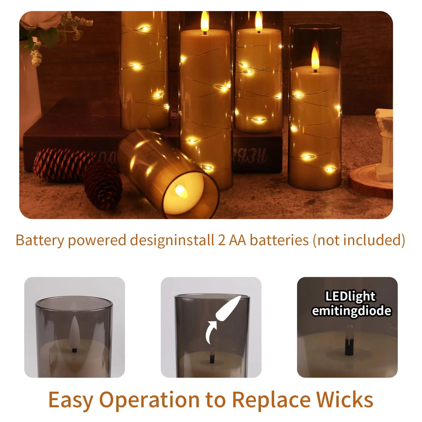 Flickering Flameless LED Candles Set with Timer Stable Acrylic Shell and Embedded Star String Battery Operated Romantic Candles