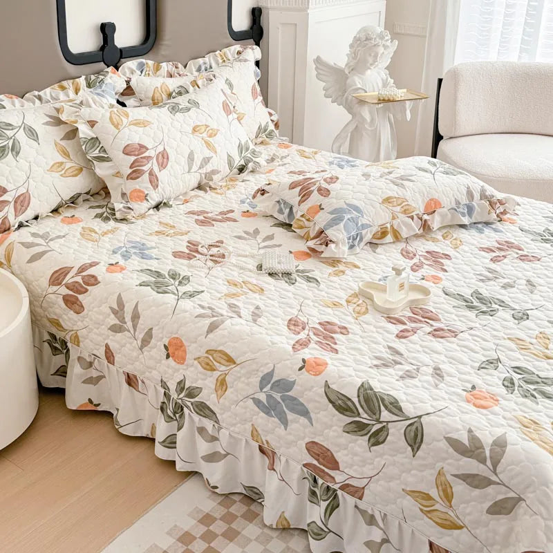 Bonenjoy Bedspread Quilted Bed Cover Ruffles Mattress Protector Thicken Bed Linen Printed Sheets colchas (Pillowcase Need Order)