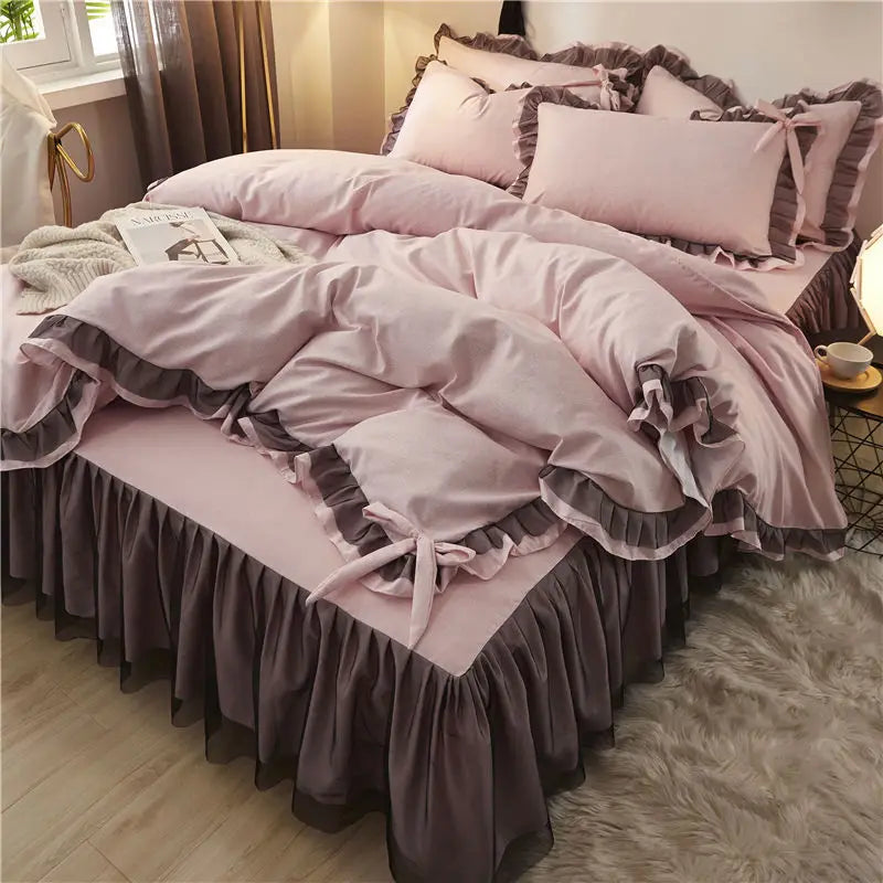 Korean Bed Skirt Bedding Sets with Ruffled Edges Thickened Princess Brushed Quilt Kit Solid Skin-Friendly Breathable Bedclothes