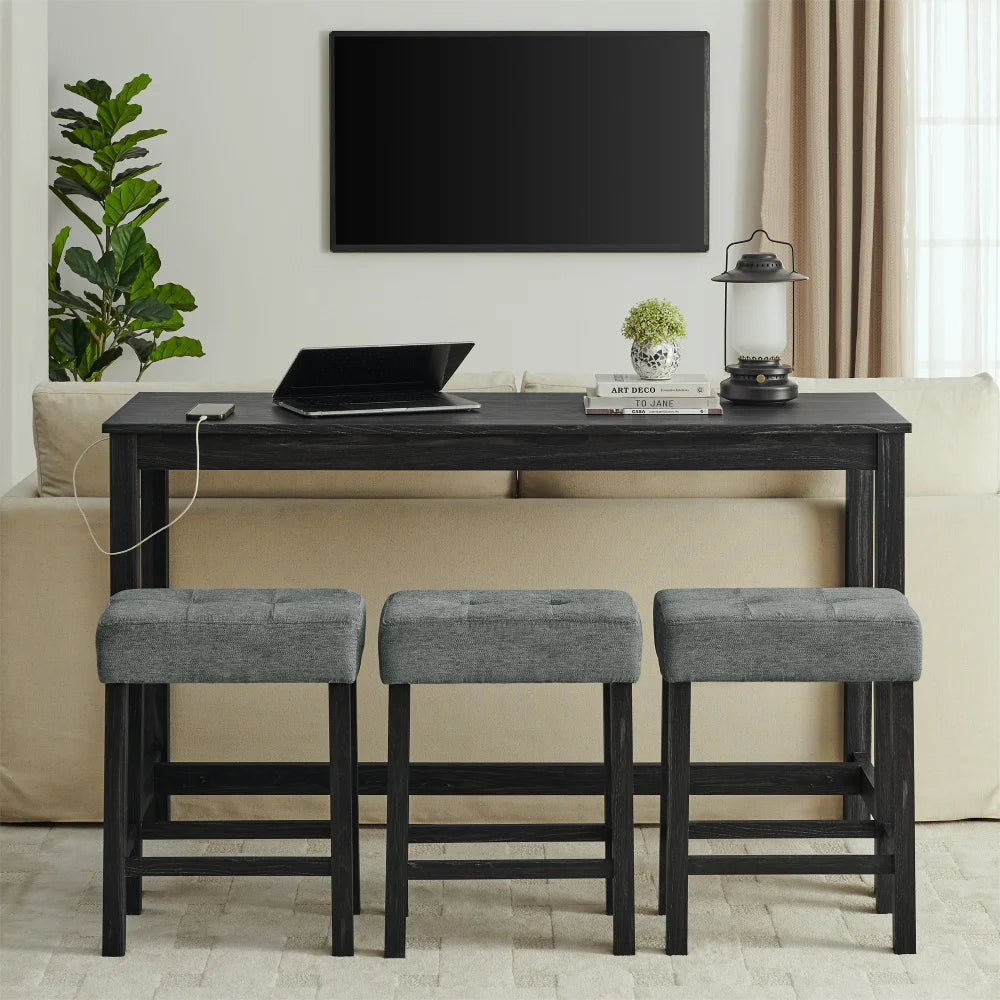59 Inch Bar Table w/Power Outlet,3 Upholstered Stools,4-Piece Set for Living/Dining/Kitchen
