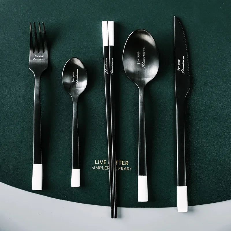 Stainless Steel Cutlery Set, Dinnerware Set, Knife, Fork, Spoon, Chopsticks, Coffee Spoon, Elegant Black White Tableware