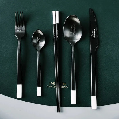 Stainless Steel Cutlery Set, Dinnerware Set, Knife, Fork, Spoon, Chopsticks, Coffee Spoon, Elegant Black White Tableware