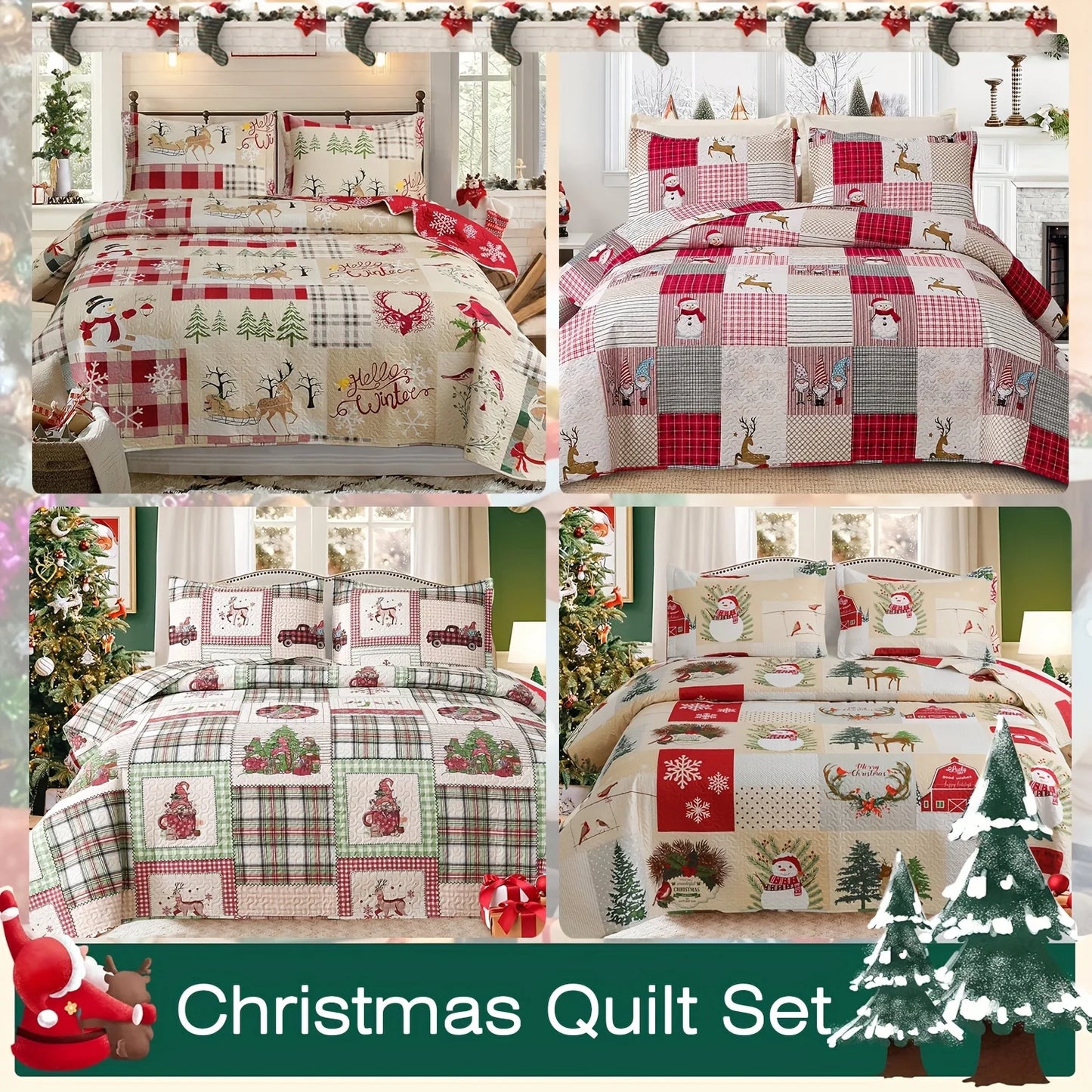 Christmas Quilt Cover Set Twin/Queen/King Size - Soft 100% Microfiber Lightweight Bedspread Coverlet with Festive Reindeer