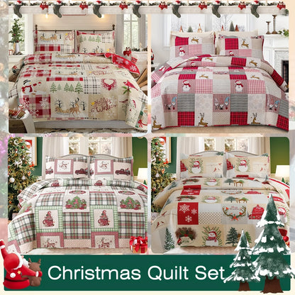 Christmas Quilt Cover Set Twin/Queen/King Size - Soft 100% Microfiber Lightweight Bedspread Coverlet with Festive Reindeer