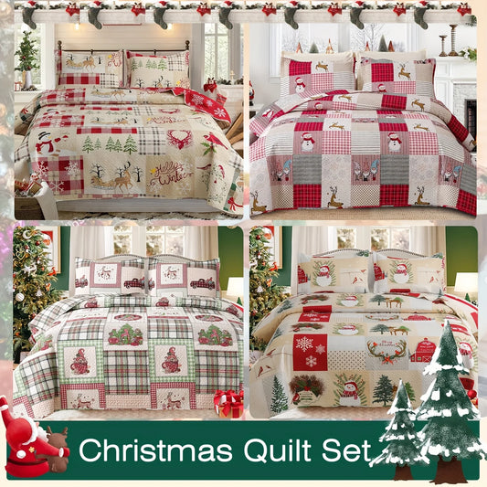 Christmas Quilt Cover Set Twin/Queen/King Size - Soft 100% Microfiber Lightweight Bedspread Coverlet with Festive Reindeer