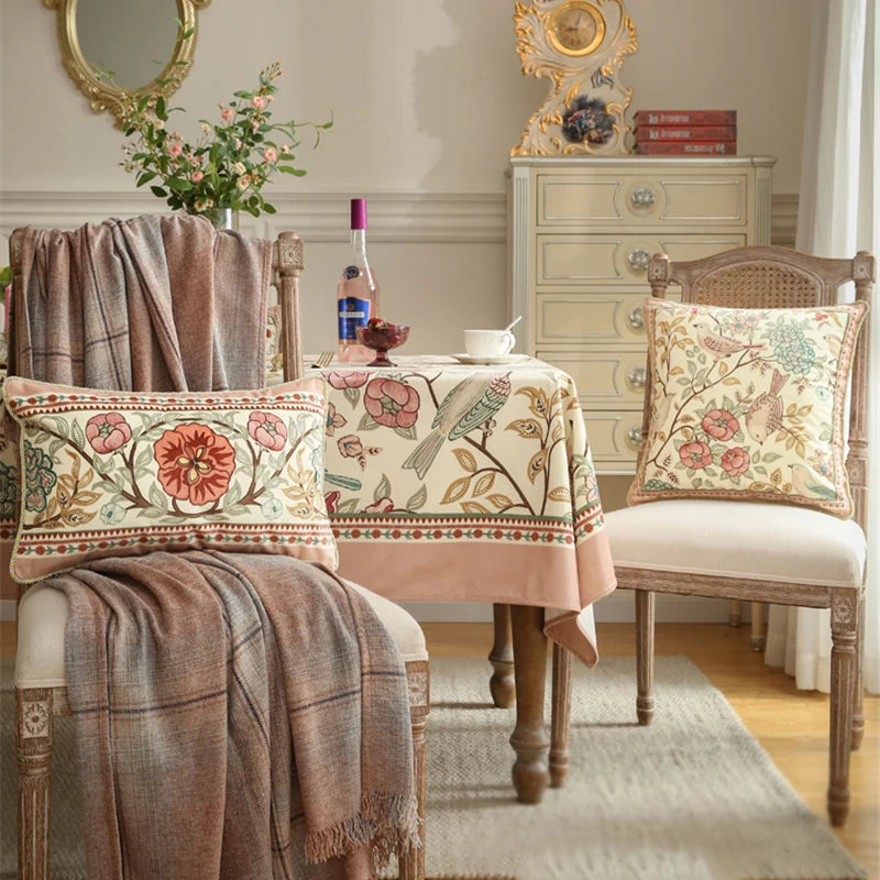 Home Decor Pillow Livingroom Sofa Nap Cushion Retro Velvet Pillowcase Bedside Cushion Cover Flower and Bird Printed Waist Pillow