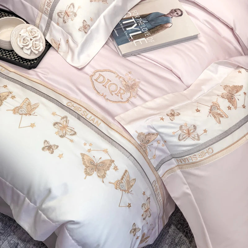 100% Cotton Bedding Set Luxury Golden Butterfly Embroidery Quilt/Duvet Cover Fitted Bed Sheet Sets Pillowcases Home Textile