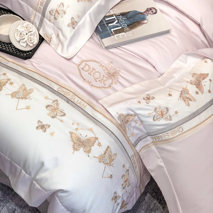 100% Cotton Bedding Set Luxury Golden Butterfly Embroidery Quilt/Duvet Cover Fitted Bed Sheet Sets Pillowcases Home Textile
