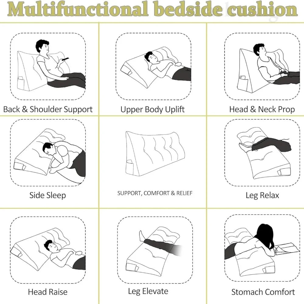 Large Triangular Wedge Pillow Pain Relief Support for Bed Sofa Backrest Foldable Storage Reading Headboard Cushion 80/120/180cm