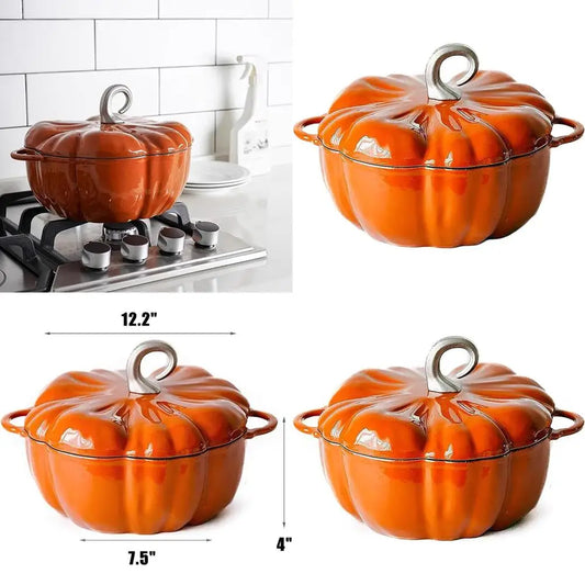 3.9 Quart Orange Pumpkin Dutch Oven, Cast Iron Enamel Pot with Lid, Non-Stick, Ideal for Stews and Soups, Serves 3-5, Perfect fo