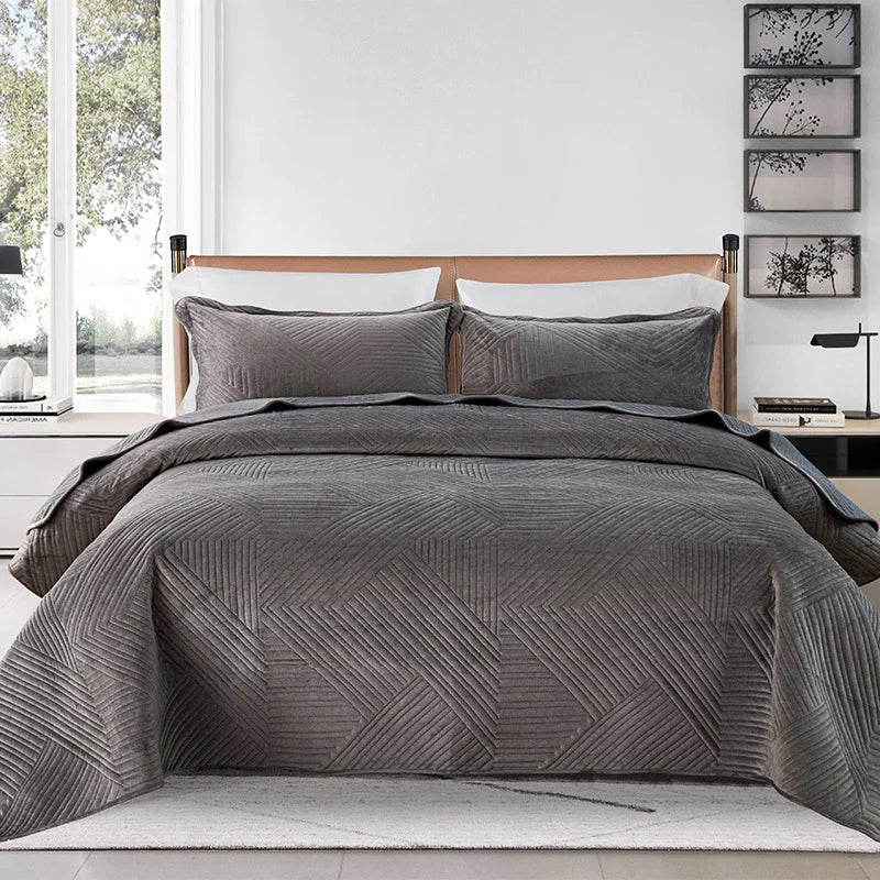Velvet Quilted Bedspread Stripe Jacquard Bed Cover Blanket European Style Soft Warm Bedding Bed Protector Bedsheet