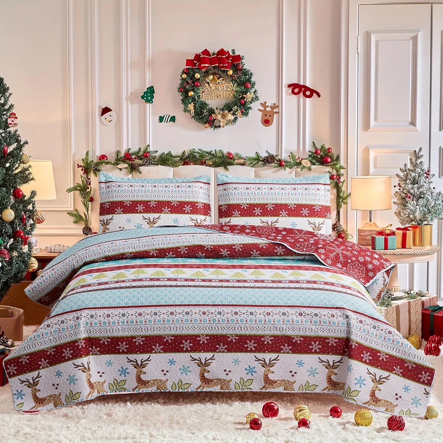 Christmas Quilt Cover Set Twin/Queen/King Size - Soft 100% Microfiber Lightweight Bedspread Coverlet with Festive Reindeer