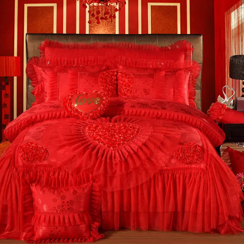 4/6/8pcs Red Pink Lace Princess Bedding Set Luxury Girls Wedding Bed Set Quilt Cover Bed Sheets Queen King Size 2025 New Design