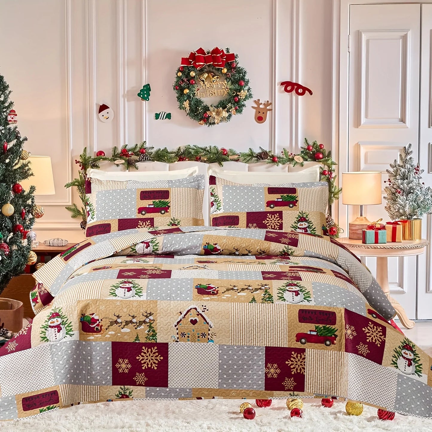 Christmas Quilt Cover Set Twin/Queen/King Size - Soft 100% Microfiber Lightweight Bedspread Coverlet with Festive Reindeer
