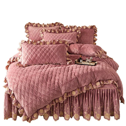 AI WINSURE-Luxury Embroidery Velvet Bedding Set, Quilted Skirted Bedspread with 2 Pillowcases, Queen Double Bed Duvet Cover, 4PC