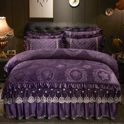 AI WINSURE-Europe Lace Velvet 4pcs Bedding Set, Embossed Duvet Cover, Quilted Bedspread, Soft, with 2 Pillowcases, for Winter