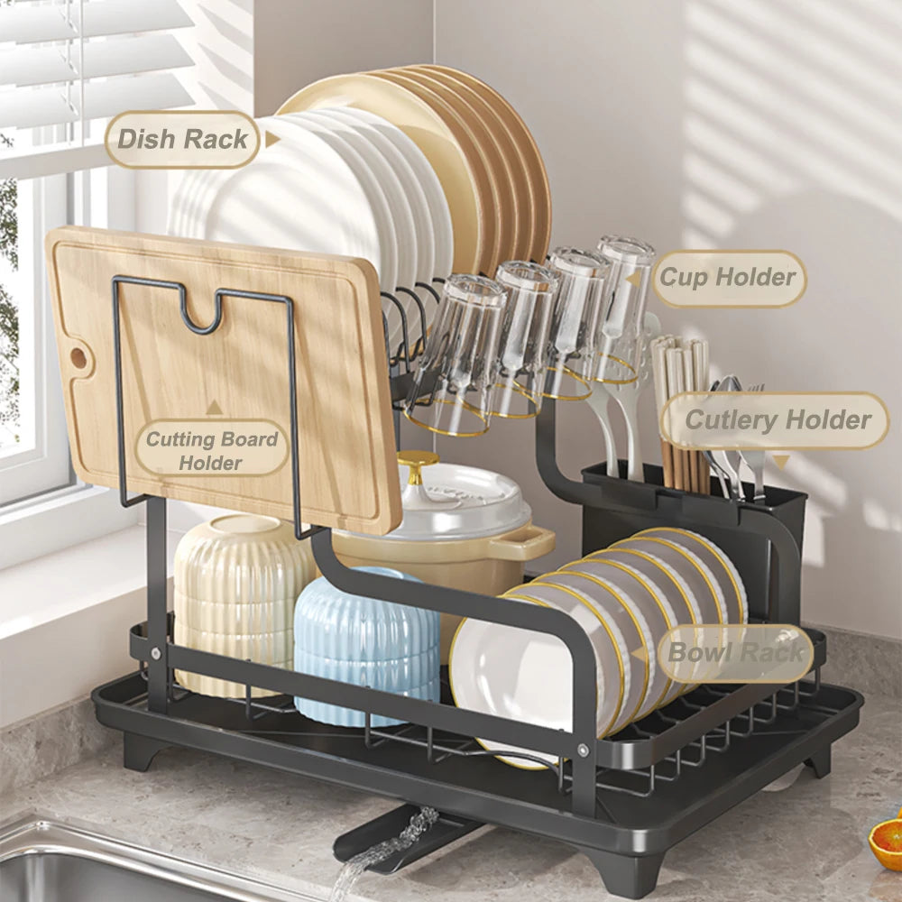 Dish Drying Rack, 2 Tier Over The Sink Dishrack Strainer,Large Capacity W/Drainboard and Utensil Holder,Auto-draining,Non-Slip