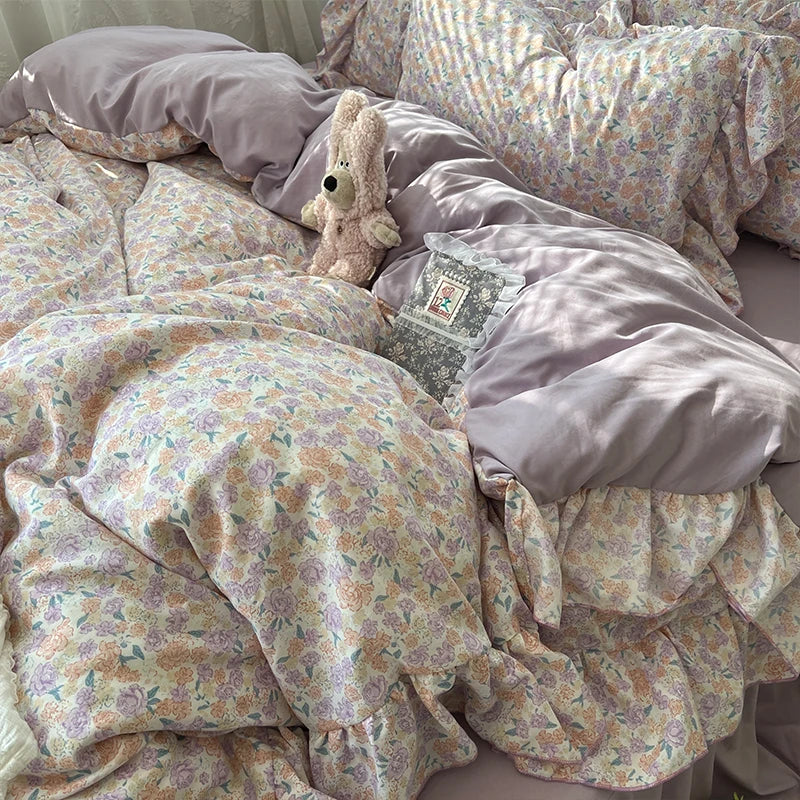 3/4Pcs Korean Princess Style Floral Ruffles Bedding Set Skin-friendly Soft Duvet Cover Set Bed Sheet Or Bed Skirt Pillowcases