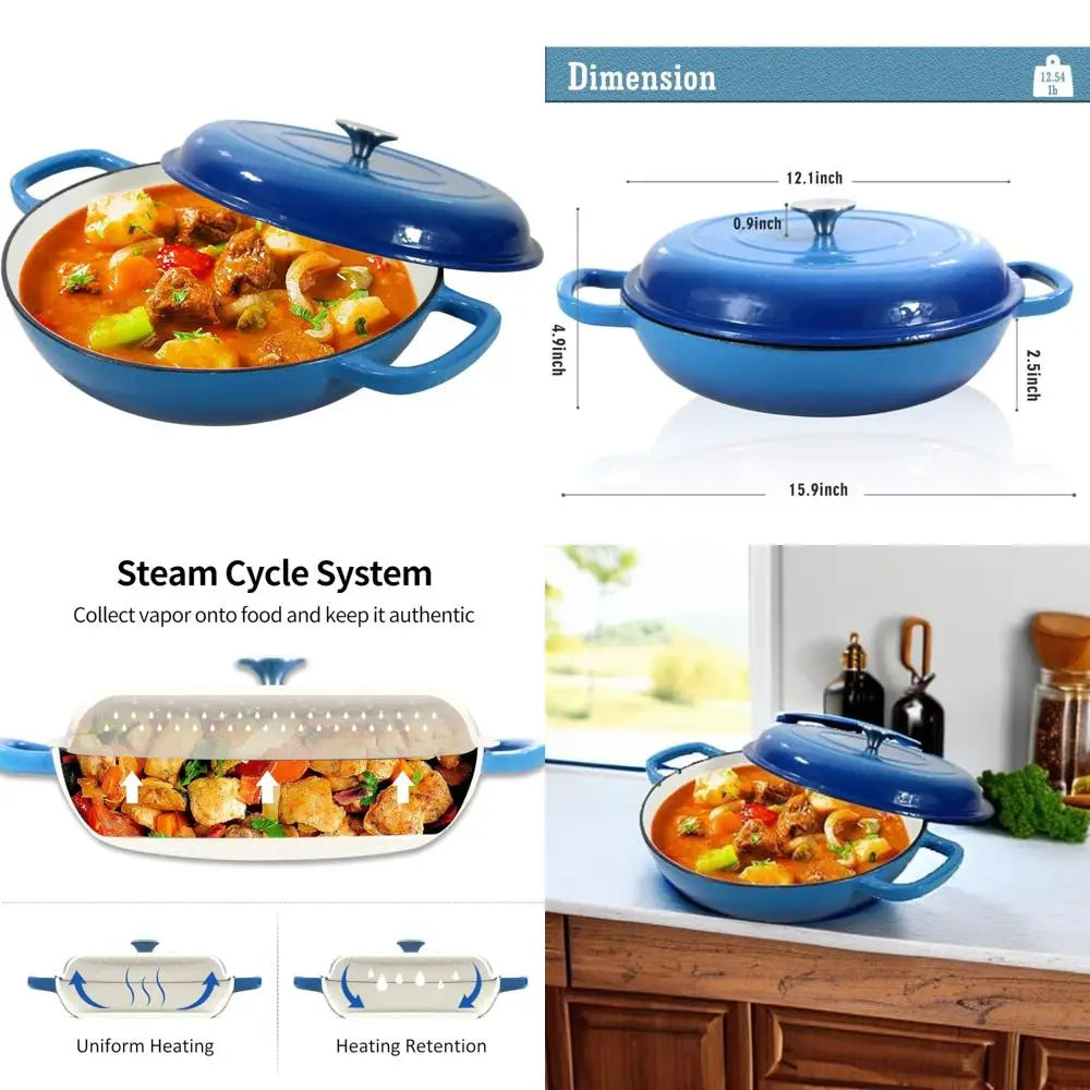 Enameled Cast Iron Dutch Oven 3.8 Quart Pot with Lid - Blue Heavy Duty Dual Handled Skillet - Ideal Family or Friend Gift