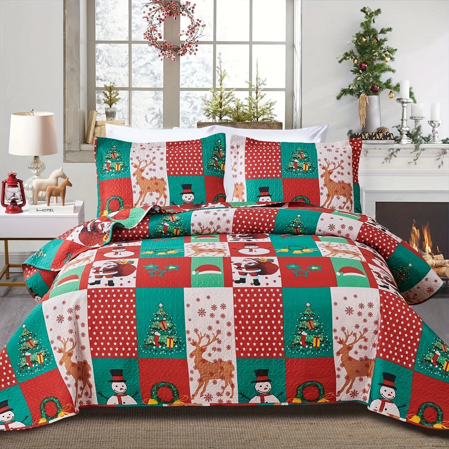 Christmas Quilt Cover Set Twin/Queen/King Size - Soft 100% Microfiber Lightweight Bedspread Coverlet with Festive Reindeer