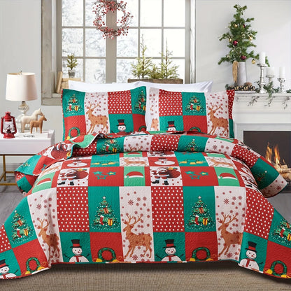 Christmas Quilt Cover Set Twin/Queen/King Size - Soft 100% Microfiber Lightweight Bedspread Coverlet with Festive Reindeer