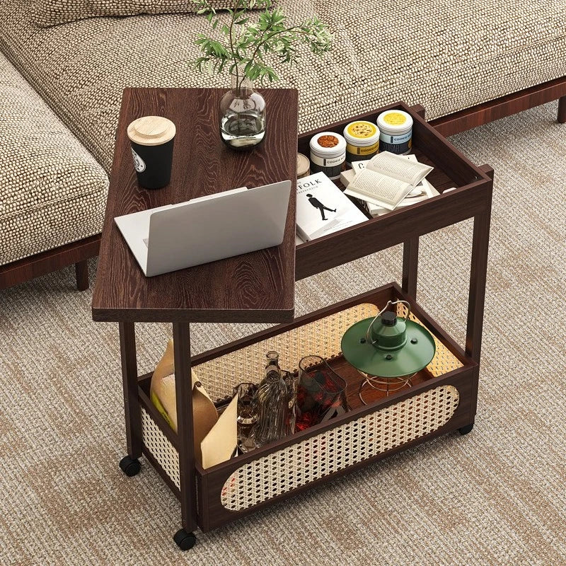 trolley with wheels movable multi-functional folding coffee table, living room sofa side table, solid wood  table