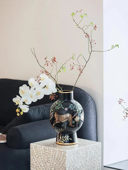"Lucky Leopard" vase decoration retro high-end flower arrangement ceramic medieval ornaments new Chinese style