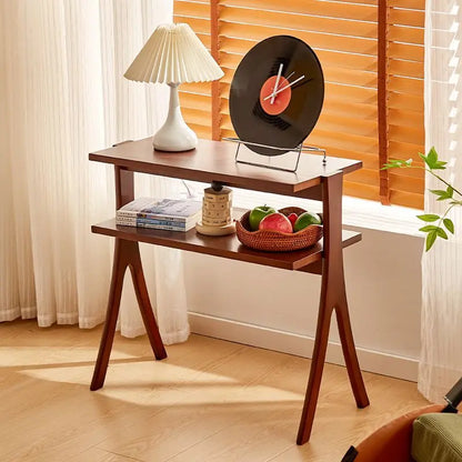 Vintage Solid Wood Side Table & Bookshelf Set: Mid-Century Herringbone Flower Stand, Minimalist Study Table