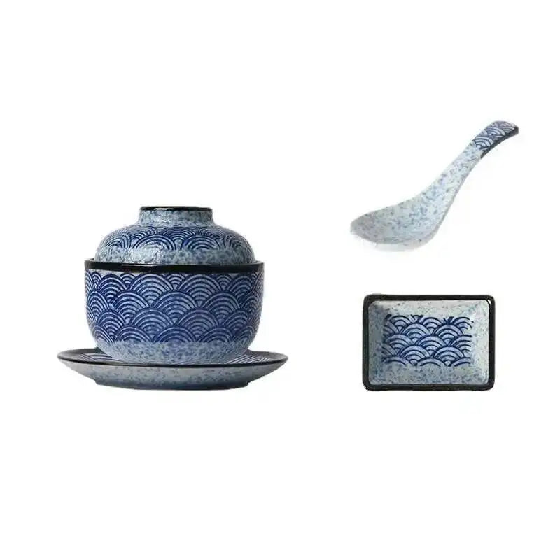 Wave Pattern Tableware Stew Bowl Ceramic Dessert Bowl With Cover Cup Spoon