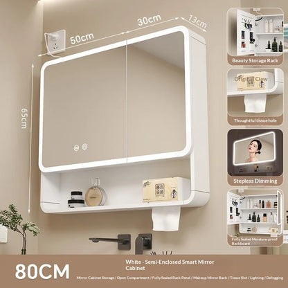 Bathroom Mirror Smart Storage Cabinet LED Light Wall Mounted Rounded Corner Anti Fog Furniture Vanity Mirror Medicine Cabinet