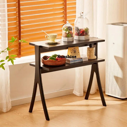 Vintage Solid Wood Side Table & Bookshelf Set: Mid-Century Herringbone Flower Stand, Minimalist Study Table