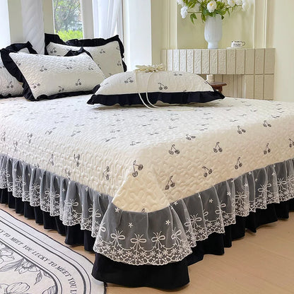 1pc Quilted Bedspread for Beds Thick Blanket with Lace Single/Queen/King Size Flower Printed Quilted Bed Cover Soft Bedspreads