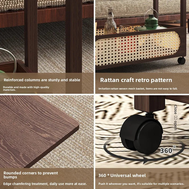 trolley with wheels movable multi-functional folding coffee table, living room sofa side table, solid wood  table