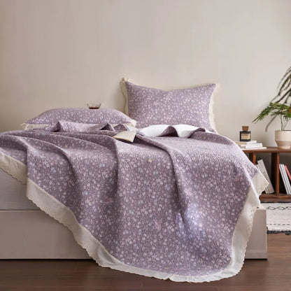 Flower Printed Bed Cover with Lace French Style Washed Cotton Bedspreads Quilted cobre leito de casal Comfortable and Soft 이불패드