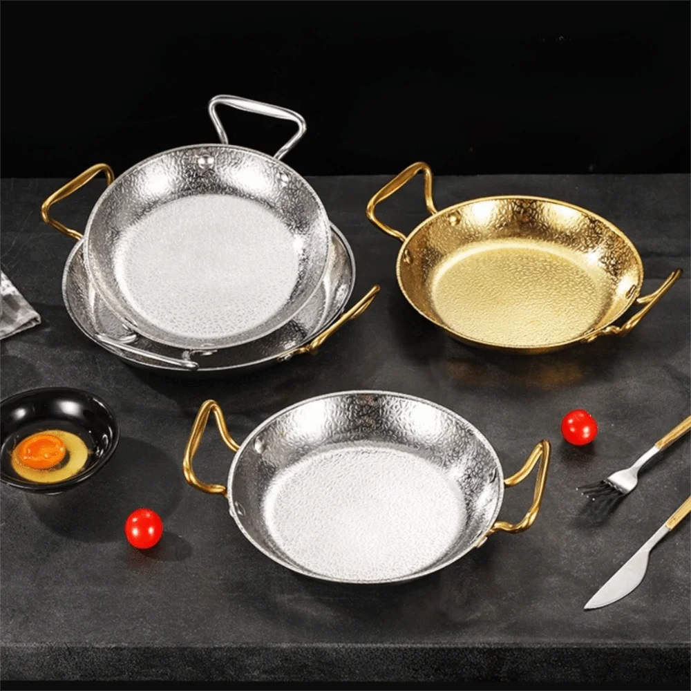 Stainless Steel Hammer Grain Seafood Paella Pan Binaural Handle Flat Bottom Seafood Rice Pot Gold/Silver Thickened Stock Pot