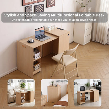 Modern Wooden Folding Desk with Power Outlet, Storage Shelves & Wheels - Extendable Mobile Writing Table for Home Office