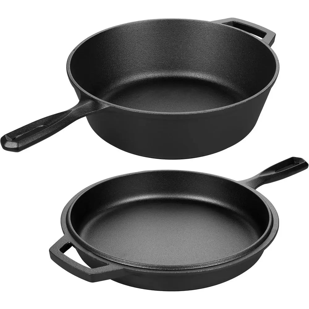 Cast Iron Double Dutch Oven Pot with Skillet Lid, Bread Baking, Outdoor, Campfire Cooking, 3 Quart